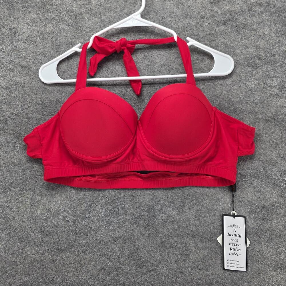 Retro Stage Bikini Top Womens 2XL Red Halter Bow Built-In Bra Padded Lined